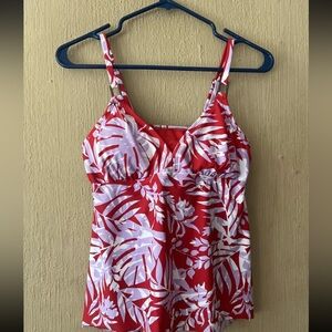 Kona Sol Swim Top Tankini Women Size M Babydoll Red White Purple Palm Leaf